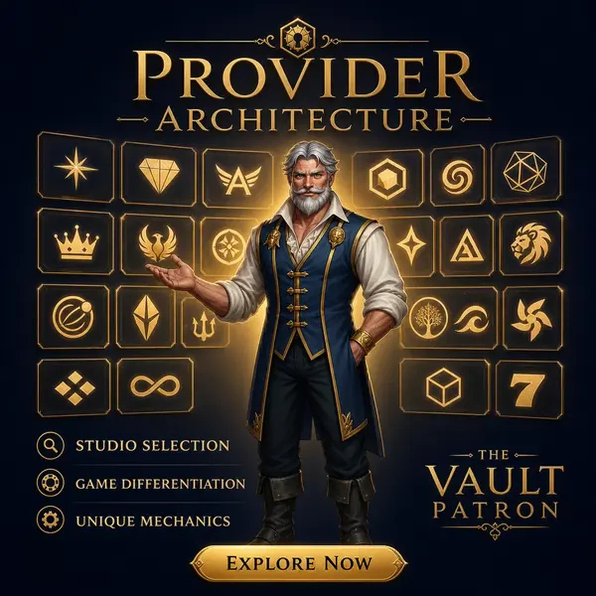 The Vault Patron presents glowing game studio logos as slots architecture unfolds at Provider Architecture and Specialties