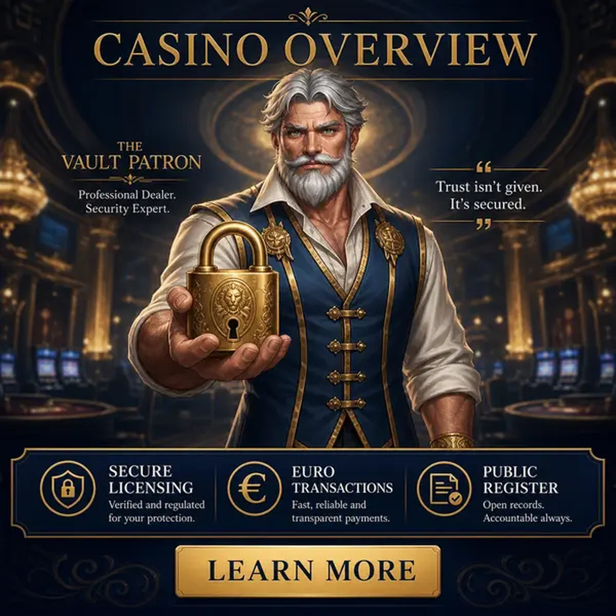 Vipzino Casino Overview featuring security expert with golden padlock symbol