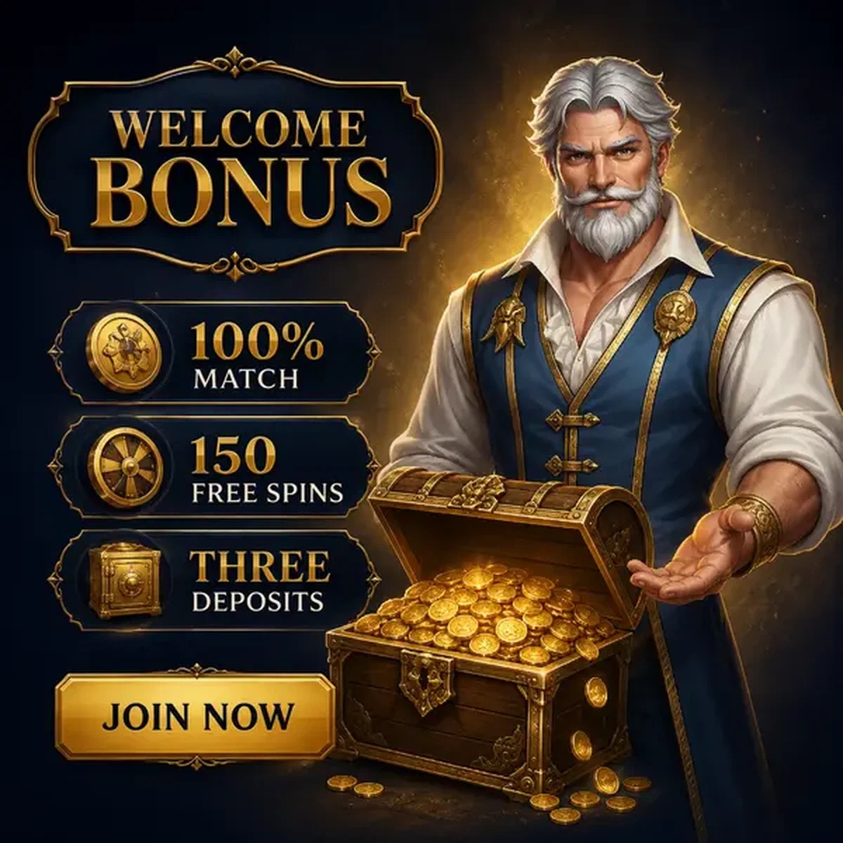 Senior vault keeper presenting Vipzino welcome bonus treasure chest filled with golden coins