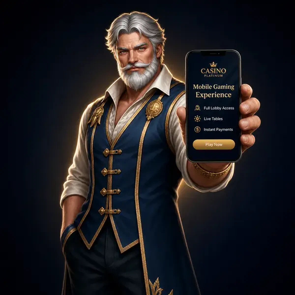 Senior patron presenting mobile app interface at Mobile vs Browser Gaming Experience casino