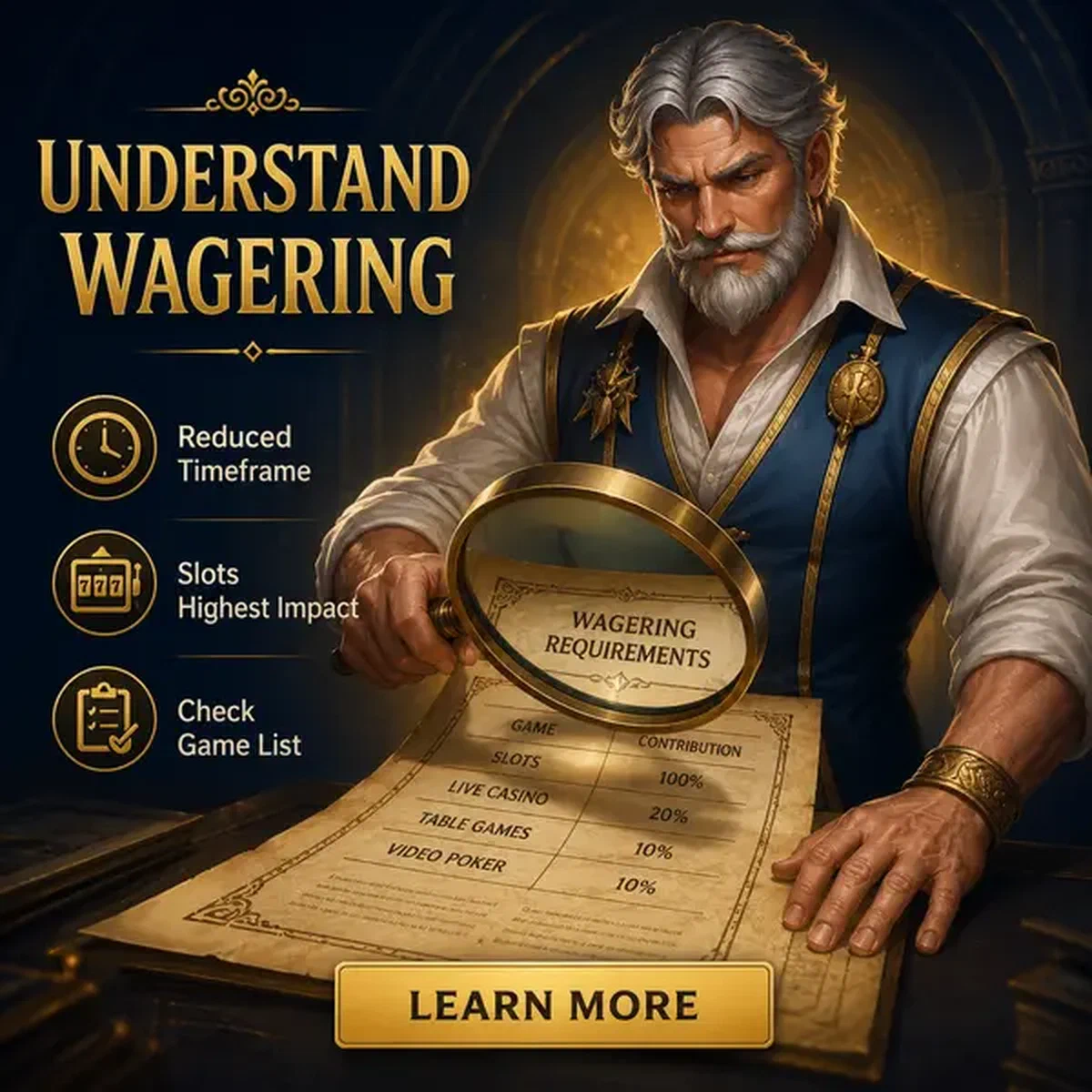 Professional examiner reviewing wagering requirements with magnifying glass at vault