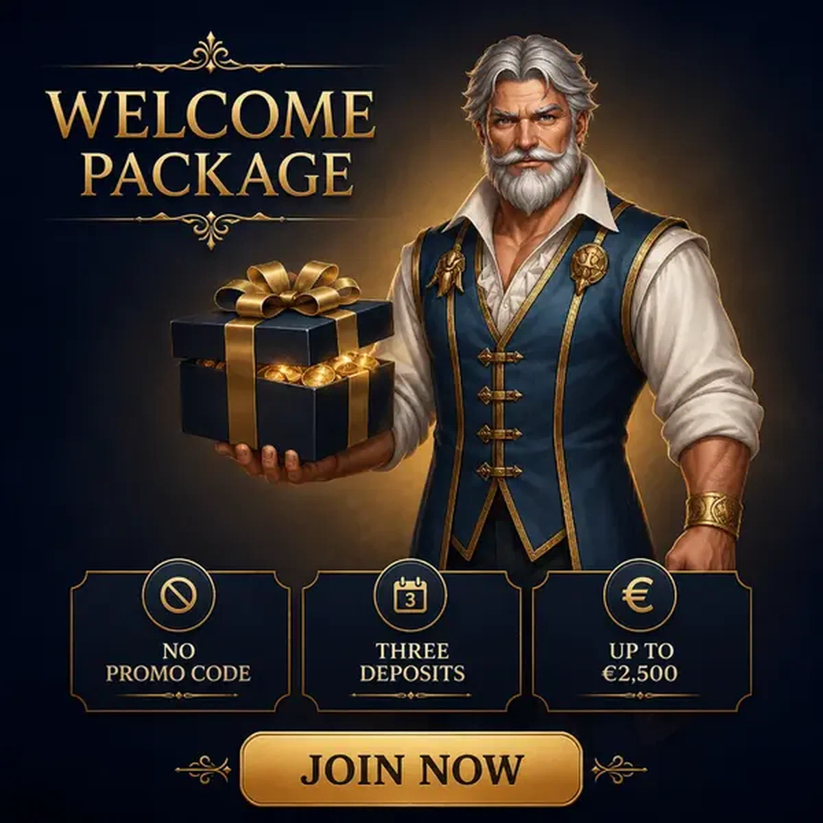 Vault Patron presenting Welcome Package Mechanics and Bonus Structure gift box as player signs up