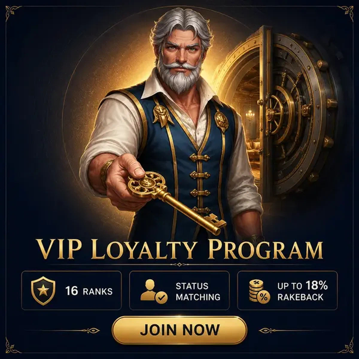 Vault Patron with golden key welcoming players to Vipzino VIP loyalty program
