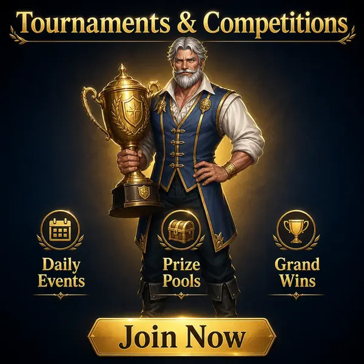 Trophy-holding champion at Vipzino Tournaments celebrating tournament victory in golden spotlight