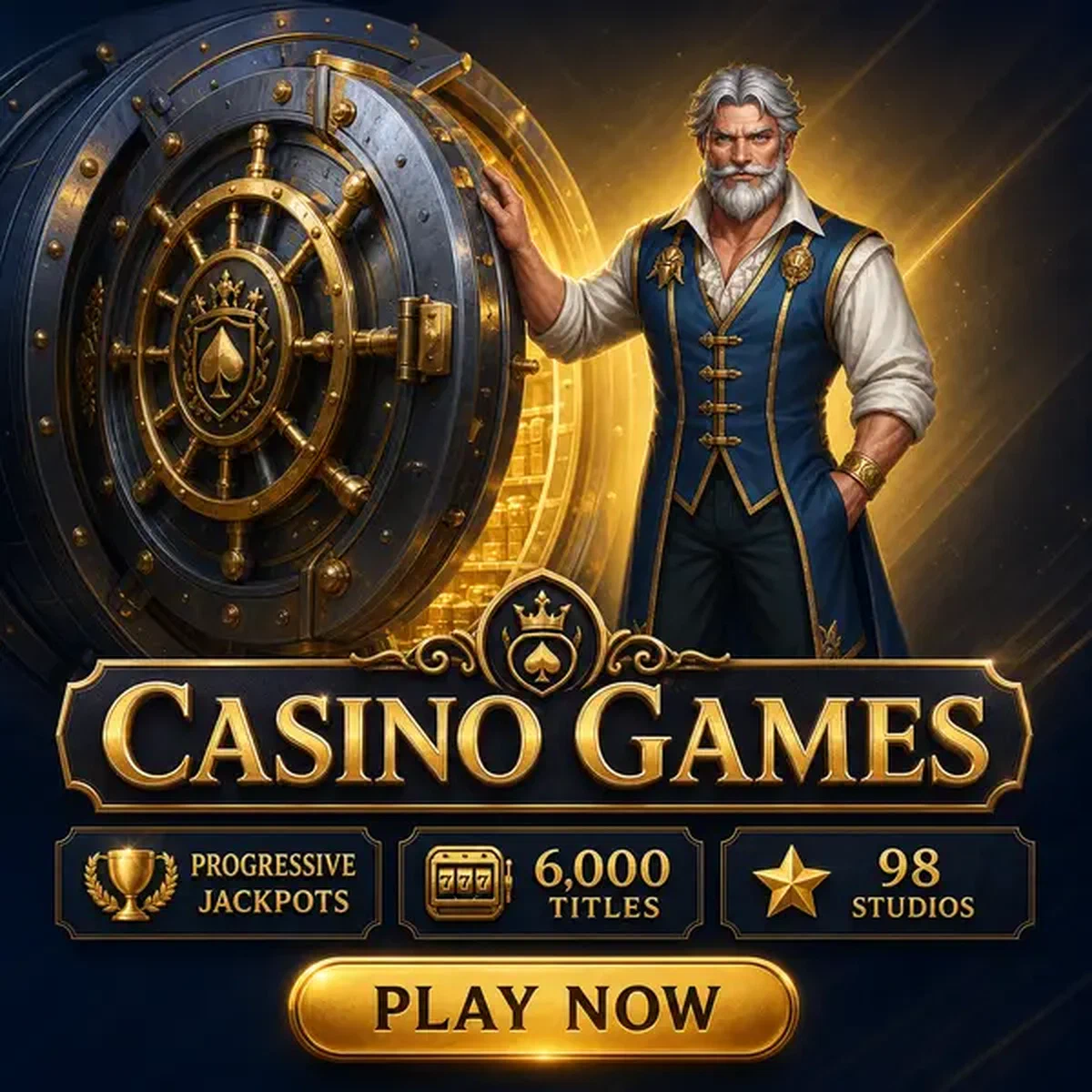 Distinguished Vipzino Casino Games vault keeper beside ornate door revealing progressive jackpots